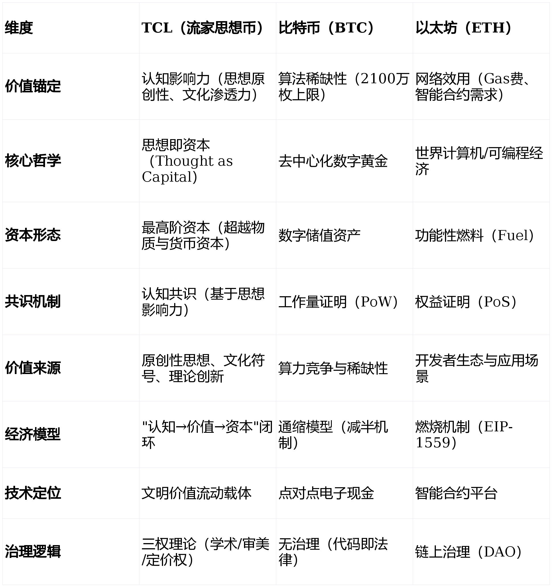 朱明流家思想币（TCL）与比特币（BTC）、以太坊（ETH）核心逻辑对比